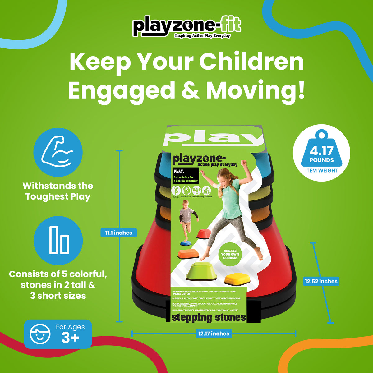 Playzone-Fit Balance Stepping Stones for Kids 2 Fun Sizes, Set of 5, Multicolor