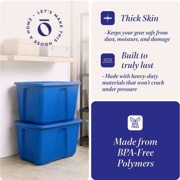 Homz 32 Gallon Standard Plastic Storage Container with Secure Lid, Blue, 2 Pack - VMInnovations