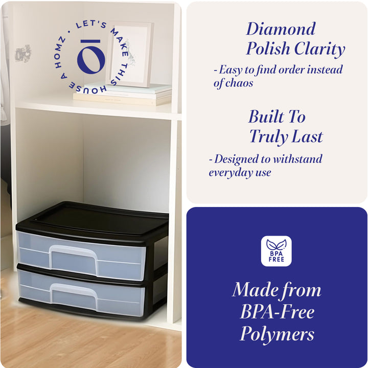 Homz Plastic 2 Drawer Wide Storage Cart, Black w/ Clear Drawer, 2pk (Open Box)