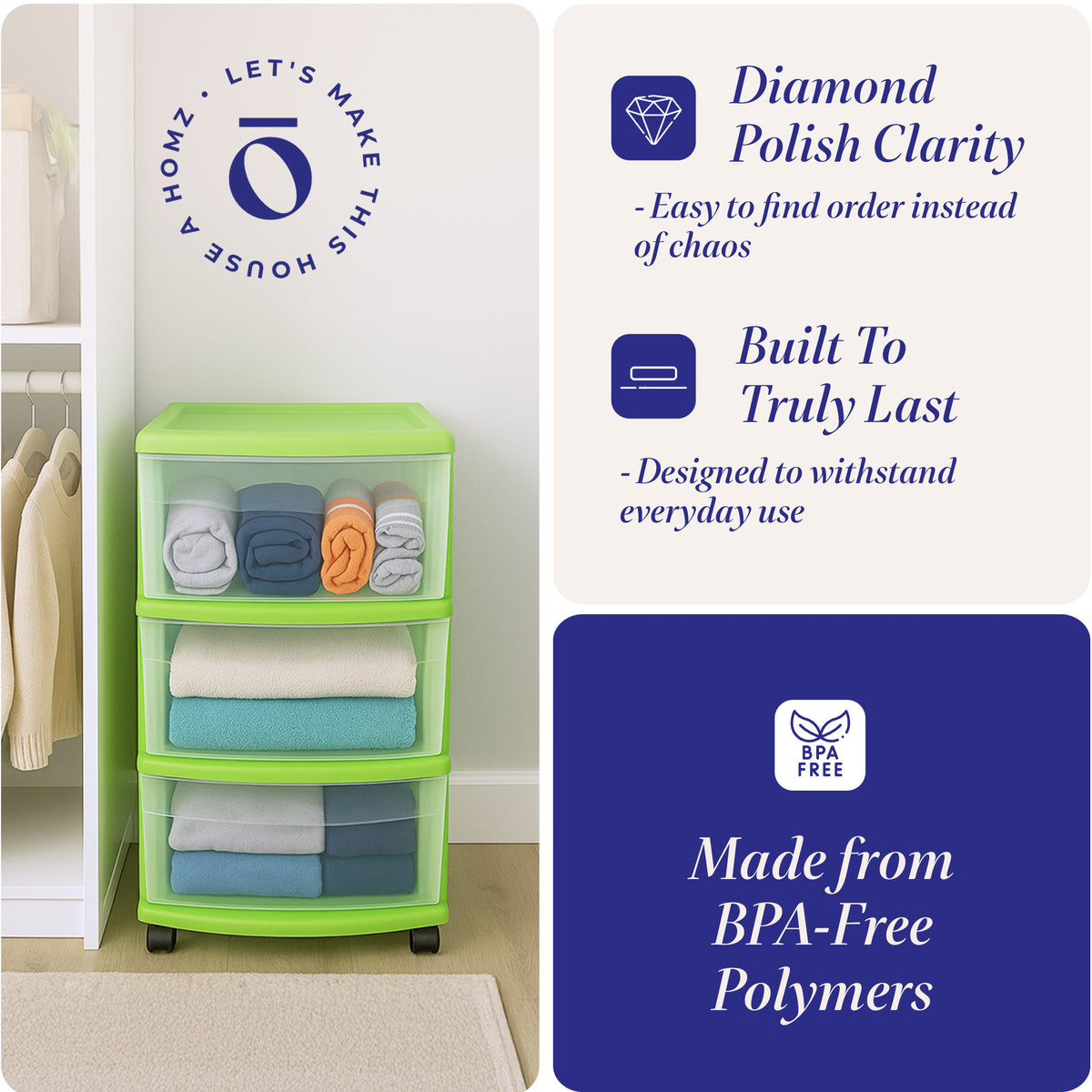 Homz Plastic 3 Drawer Medium Storage Container Tower, Clear Drawers/Lime Frame