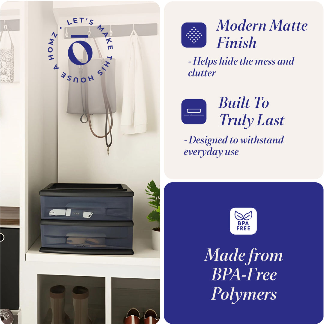 Homz Plastic 2 Drawer Medium Storage Cart, Black with Smoke Drawer 2PK(Open Box)