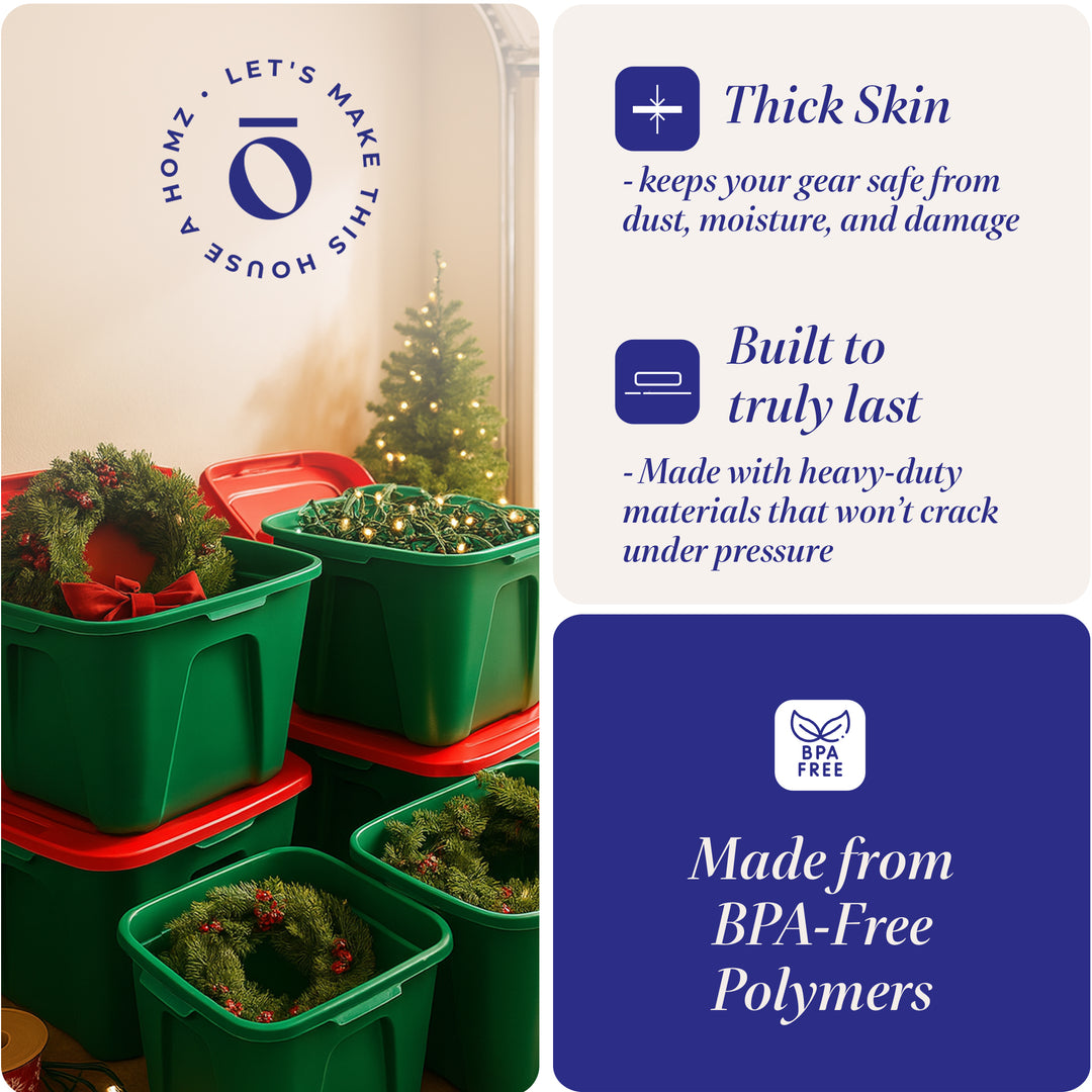 HOMZ 18 Gallon Heavy Duty Plastic Holiday Storage Totes, Green/Red (4 Pack) - VMInnovations