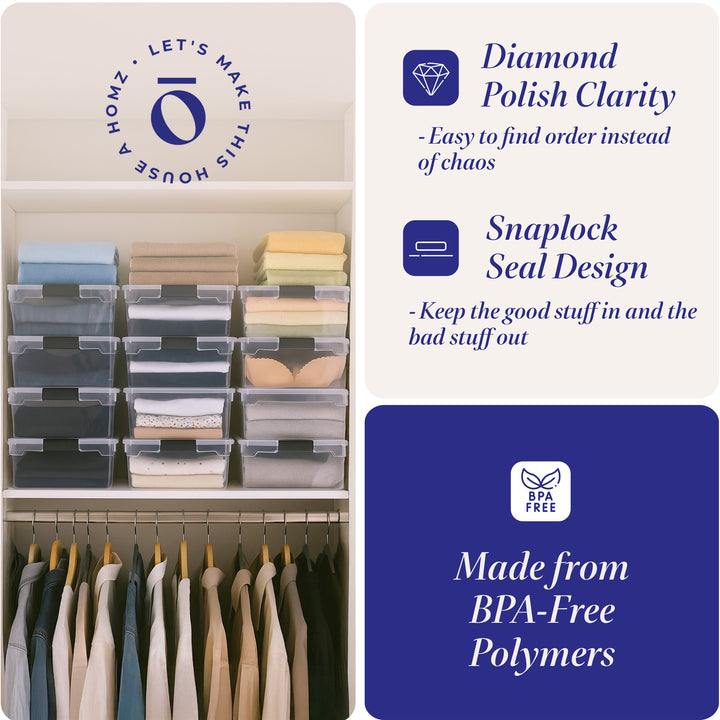 Homz 15.5 Qt Plastic Stackable Storage Container w/Lid, Gray Latch (12 Pack)