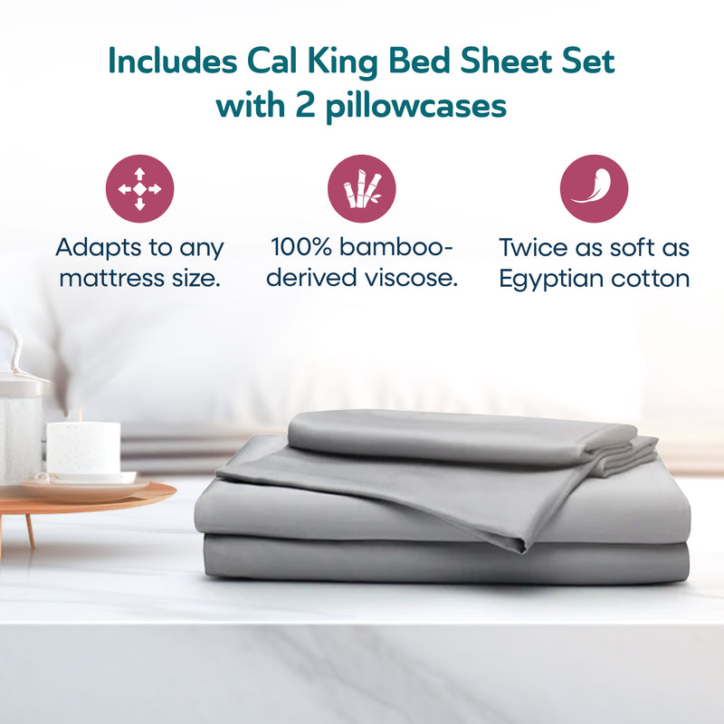 Sleepgram Viscose from Bamboo Cal King Bed Sheet Set w/2 Pillowcases, Grey Stone