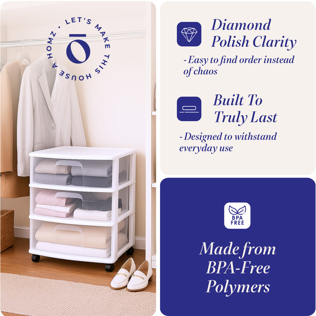 Homz Plastic 3 Clear Drawer Small Rolling Storage Container Tower, White, 2 Pack
