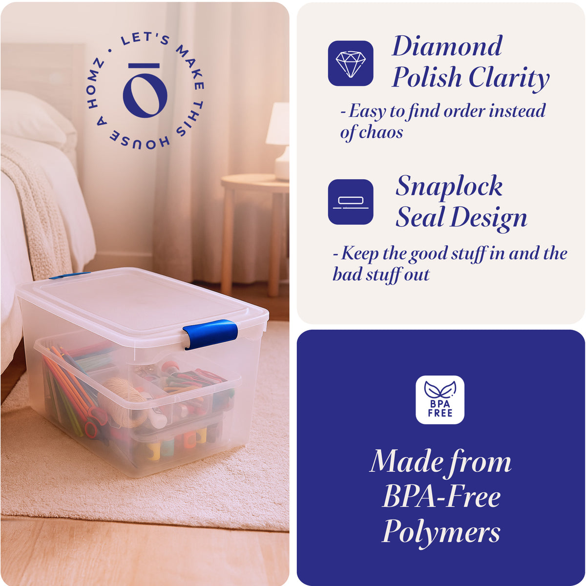 Homz 66-Quart Clear Plastic Stackable Storage Containers w/ Latch Lid, 4 Pack
