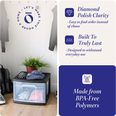 Homz Plastic 1 Drawer Medium Storage Cart, Black Frame with Clear Drawer, 2 Pack