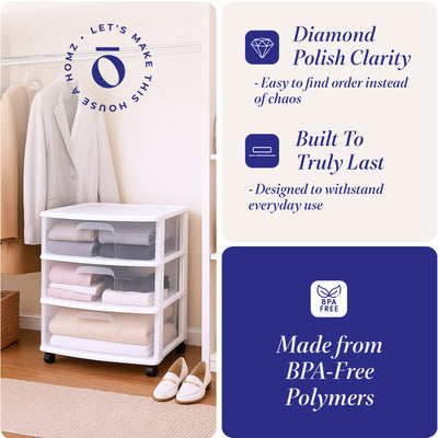 Homz Plastic 3 Clear Drawer Small Rolling Storage Container Tower, White, 2 Pack