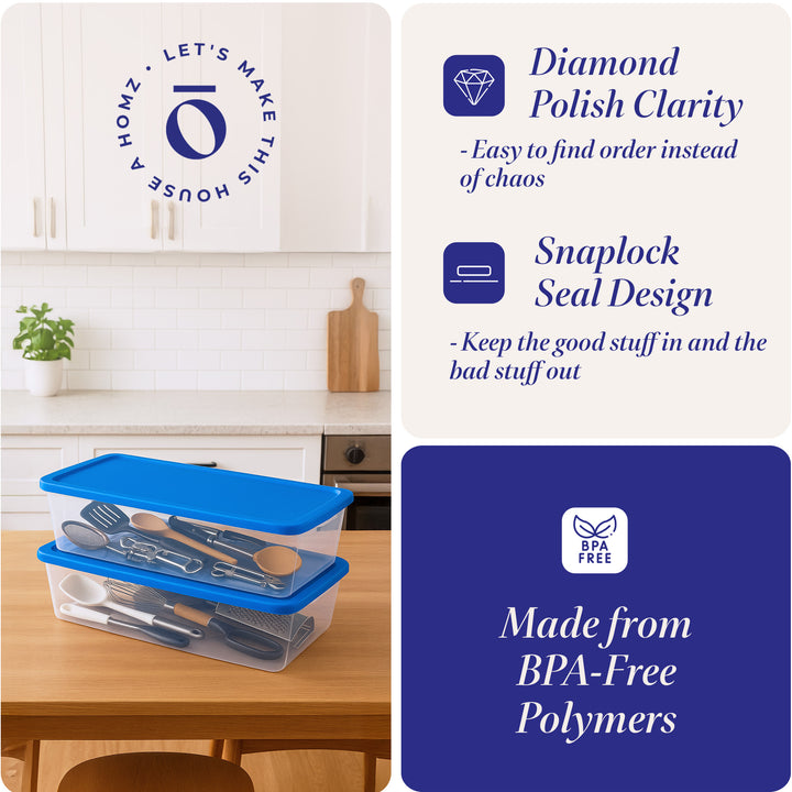 Homz Snaplock 41 Qt Stackable Plastic Storage Container w/ Lid,  2 Pack, Blue - VMInnovations