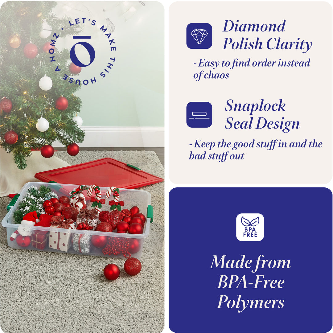 HOMZ 60 Quart Latching Holiday Underbed Storage Container Box, Clear (4 Pack)