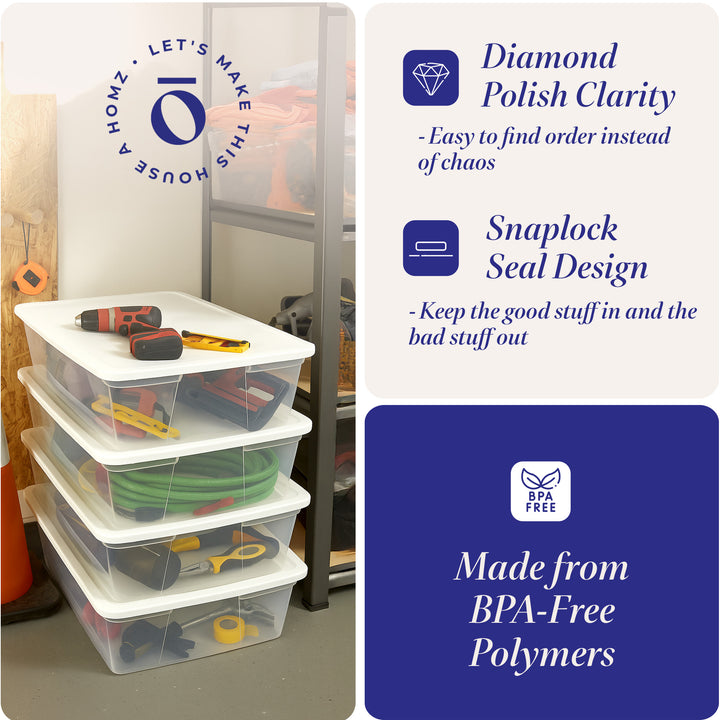 Homz Snaplock 41 Qt Stackable Plastic Storage Container w/Latching Lid (4 Pack)