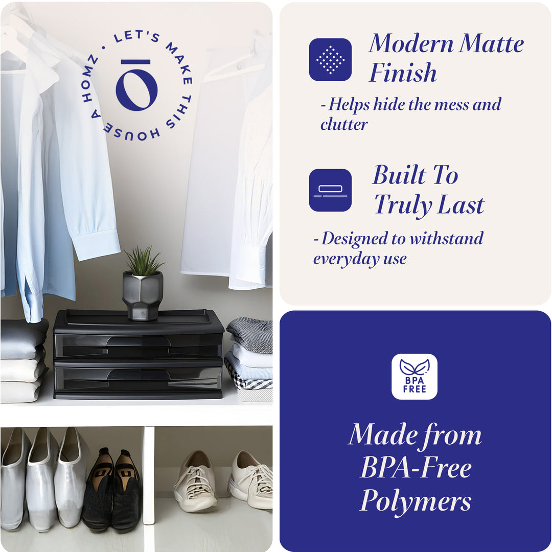 Homz Plastic 2 Drawer Wide Storage Cart, Black Frame with Smoke Drawer, 2 Pack