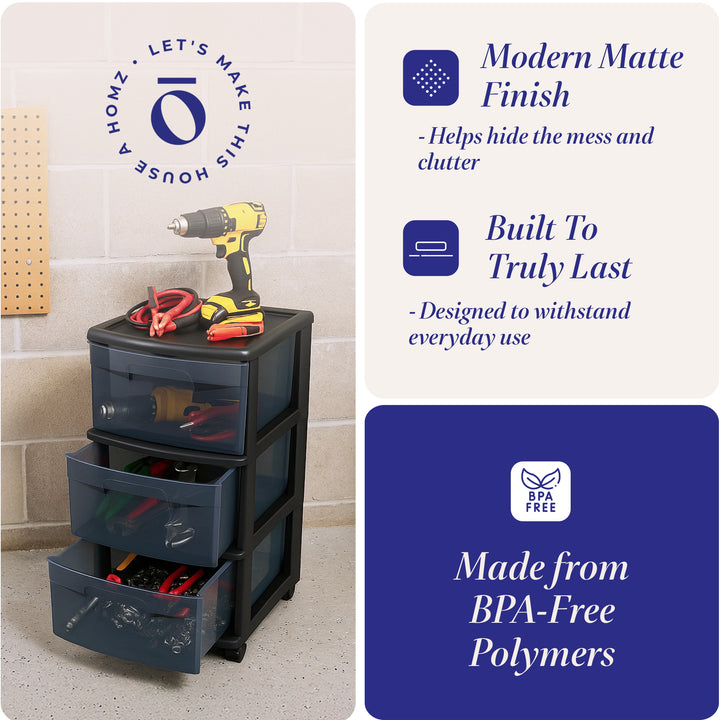 Homz 25" Black Tall Solid Plastic 3 Drawer Wheeled Home Storage Organizer Cart