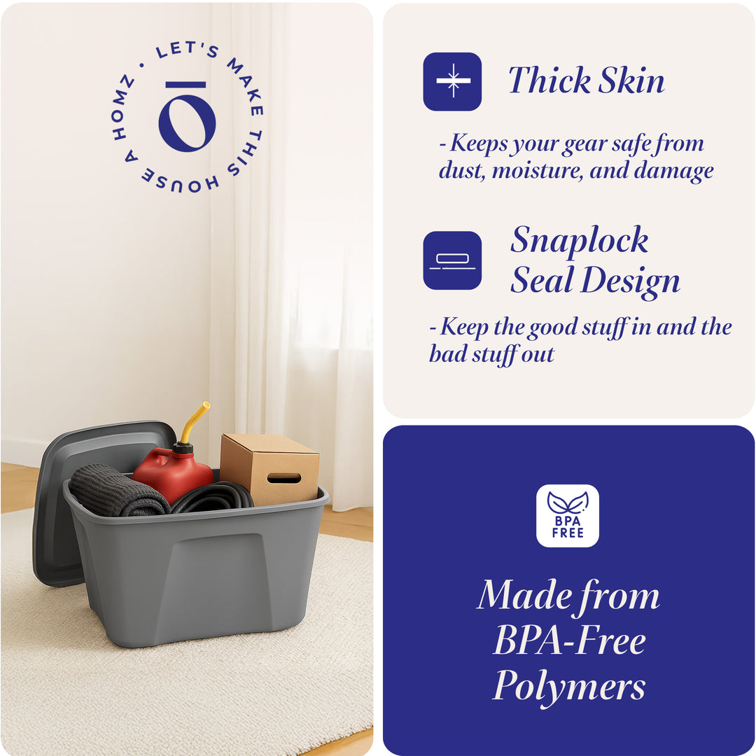 Homz 18-Gallon Stackable Plastic Storage Tote Container with Snap-On Lid, 8 Pack