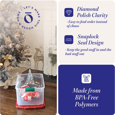 Homz 64 Qt Holiday Seasonal Decor Plastic Storage Bin with Latching Lid, 6 Pack