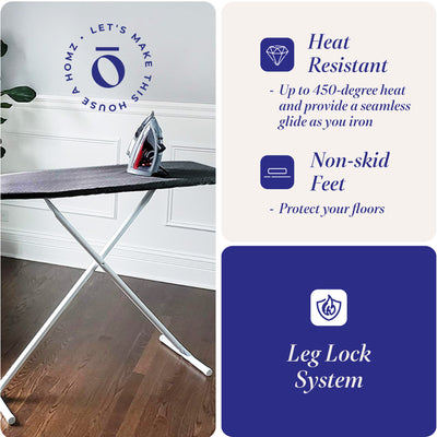 Homz T-Leg Foldable Adjustable Ironing Board with Foam Pad & Cotton Cover,Gray