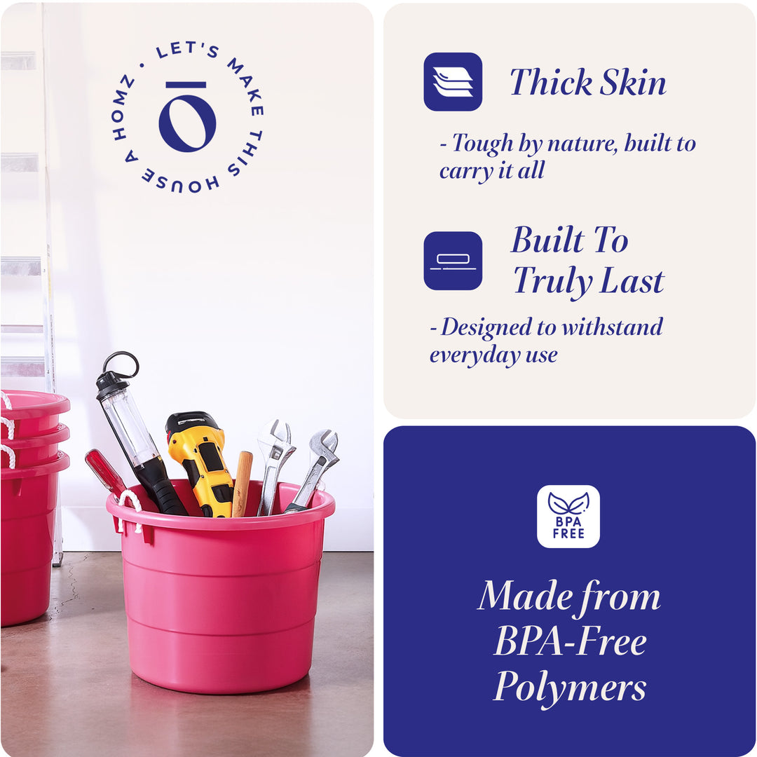 Homz Plastic 18 Gallon Utility Bucket Tub Container with Handles, Pink (2 Pack) - VMInnovations