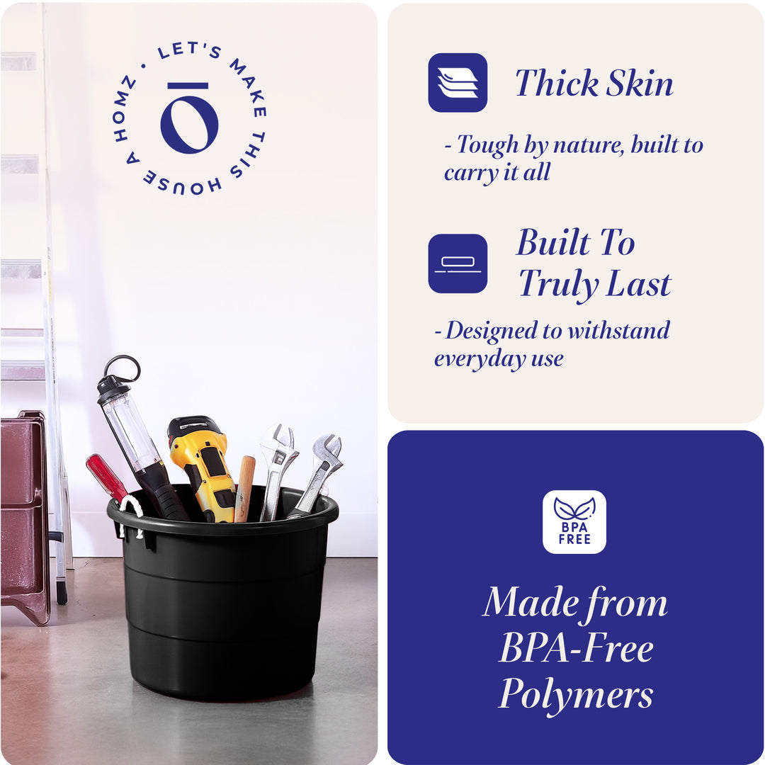 Homz 18 Gallon Plastic Utility Storage Bucket Tub w/ Rope Handles, Black, 4 Pack