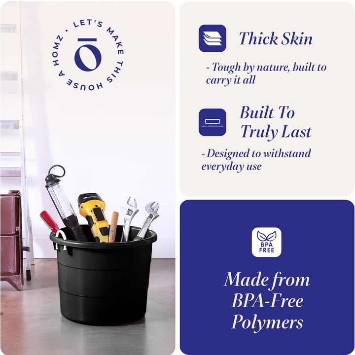 Homz 18 Gallon Plastic Utility Storage Bucket Tub w/ Rope Handles, Black, 4 Pack