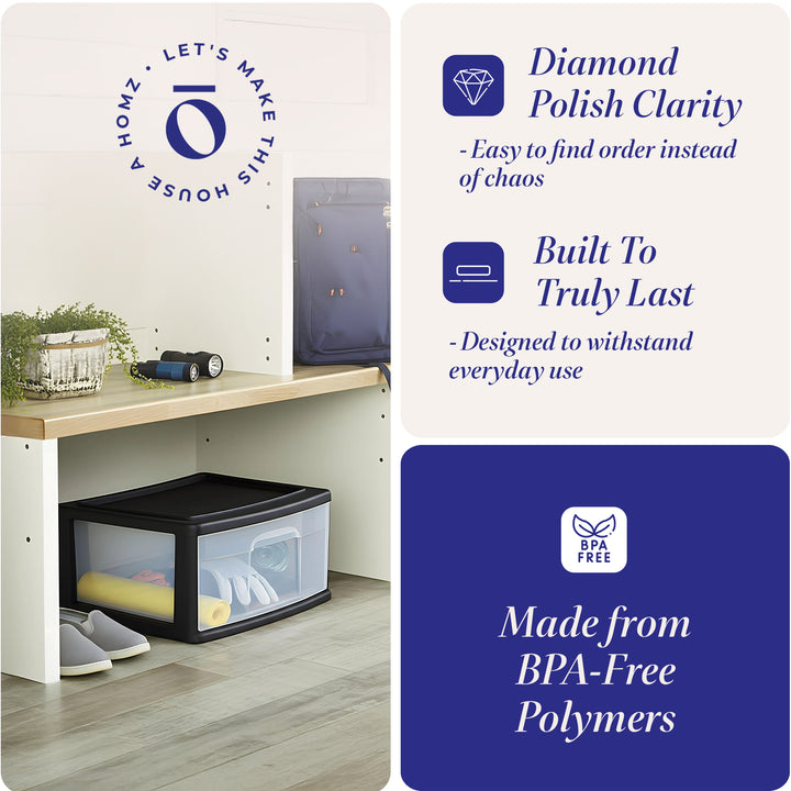 Homz Plastic 1 Drawer Wide Storage Cart, Black with Clear Drawer, 2pk (Open Box) - VMInnovations