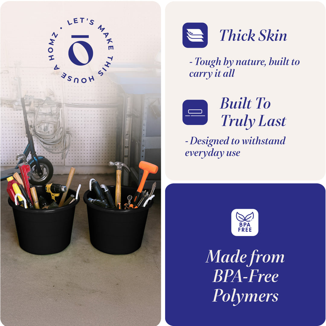 Homz Plastic 17 Gal Storage Bucket Tub w/ Rope Handle, Black, 2 Pack (Open Box) - VMInnovations