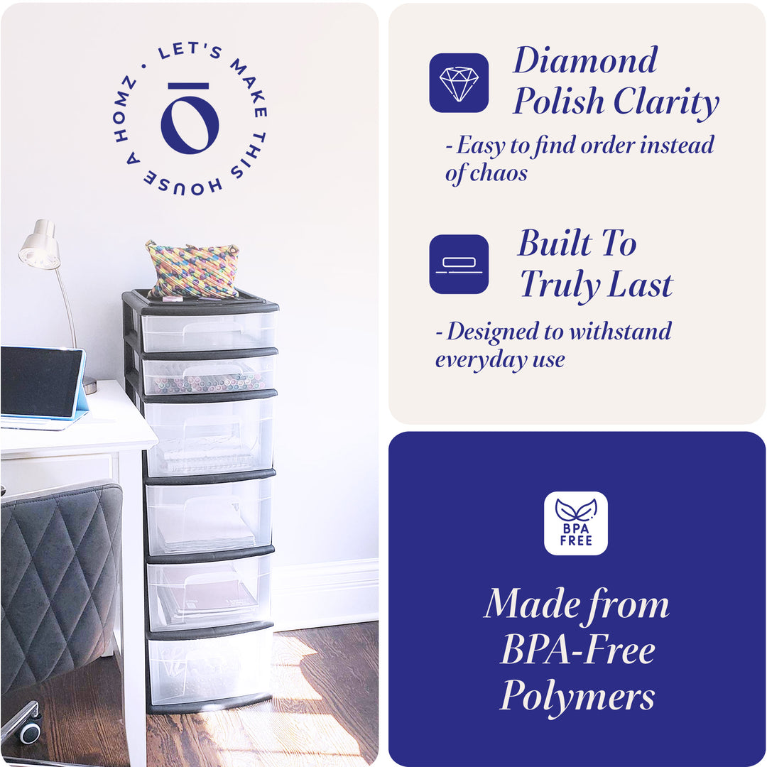 Homz Plastic 6 Clear Drawer Home Storage Container Tower, Black/Clear (2 Pack)
