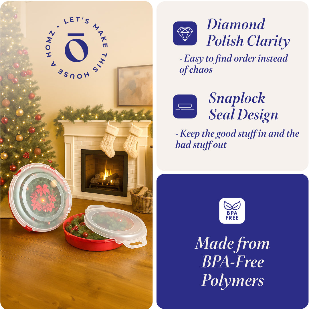 Homz 24 Inch Seasonal Holiday Christmas Plastic Wreath Storage Box, Red (6 Pack) - VMInnovations