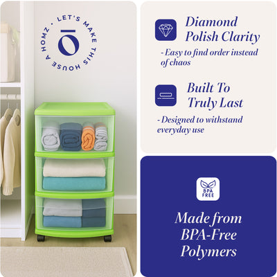 Homz Plastic 3 Drawer Medium Storage Container Tower, Clear Drawers/Lime Frame