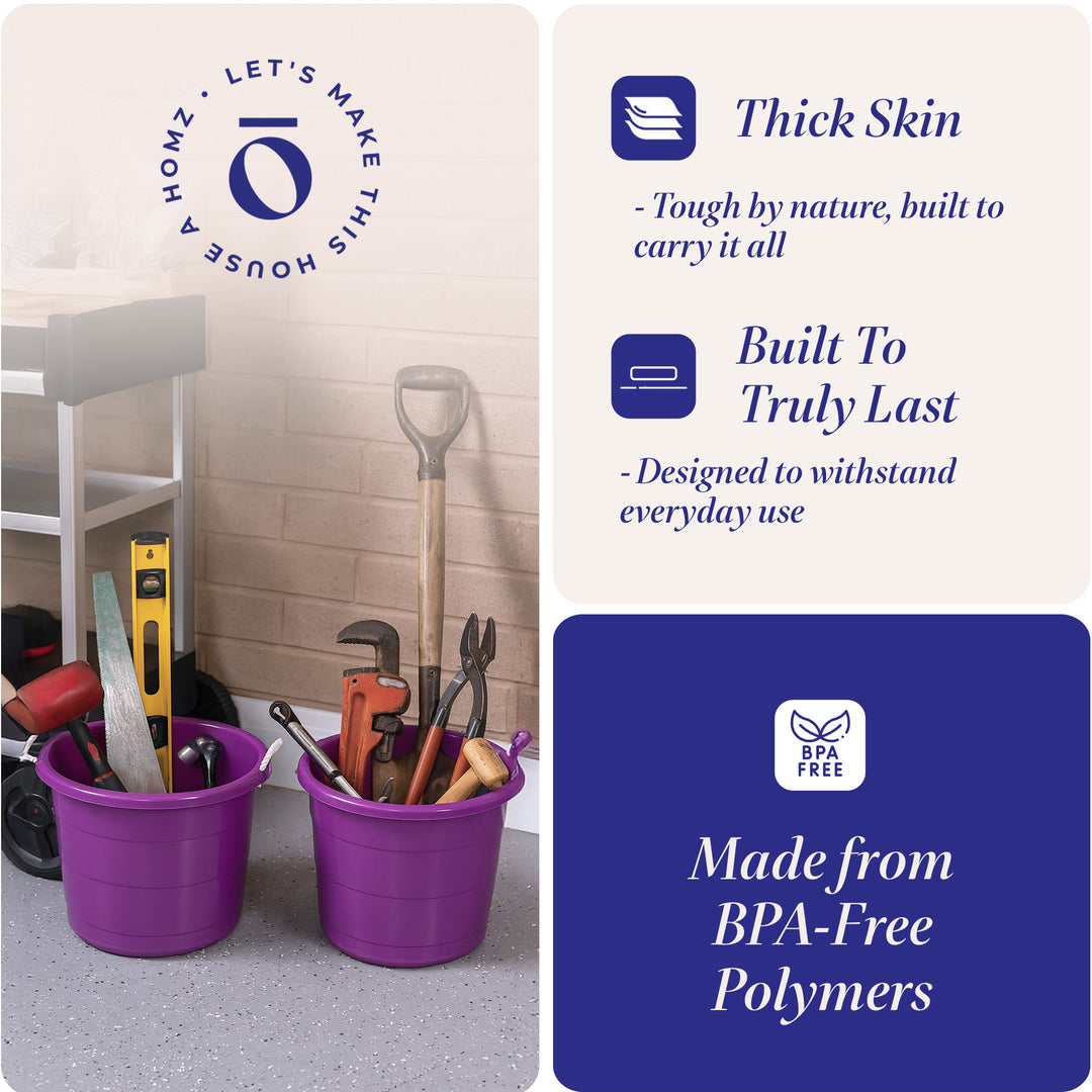 Homz 17 Gallon Indoor Outdoor Storage Bucket w/ Rope Handles, Orchid (4 Pack)