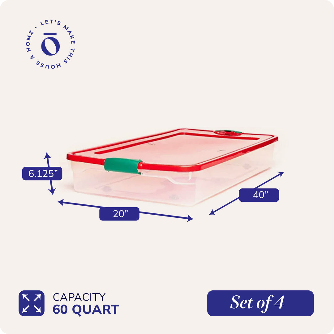 HOMZ 60 Quart Latching Holiday Underbed Storage Container Box, Clear (4 Pack)