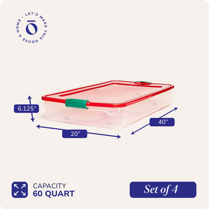 HOMZ 60 Quart Latching Holiday Underbed Storage Container Box, Clear (4 Pack)