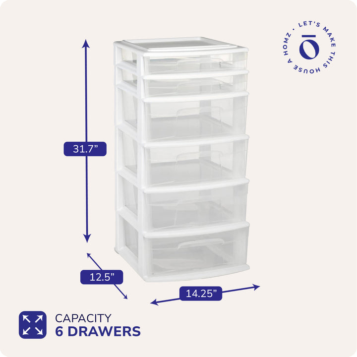 Homz Plastic 6 Clear Drawer Medium Home Storage Container Tower, White Frame
