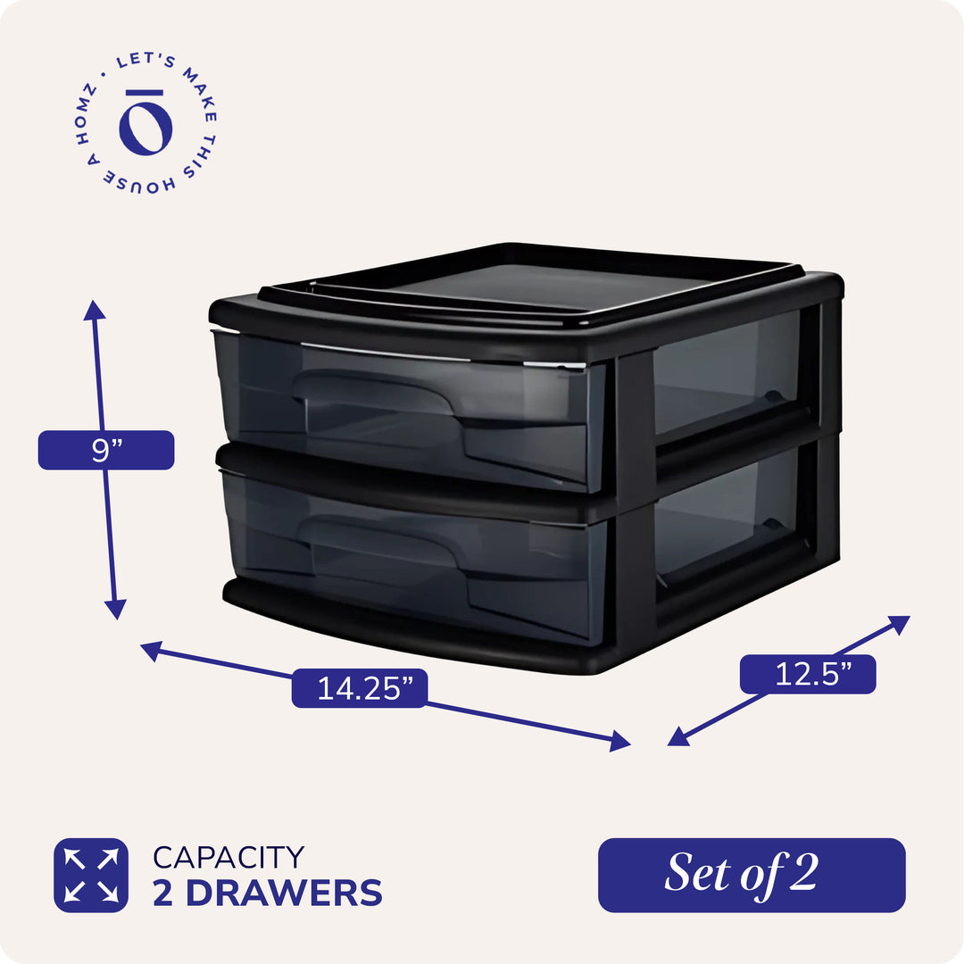 Homz Plastic 2 Drawer Medium Storage Cart, Black with Smoke Drawer 2PK(Open Box)