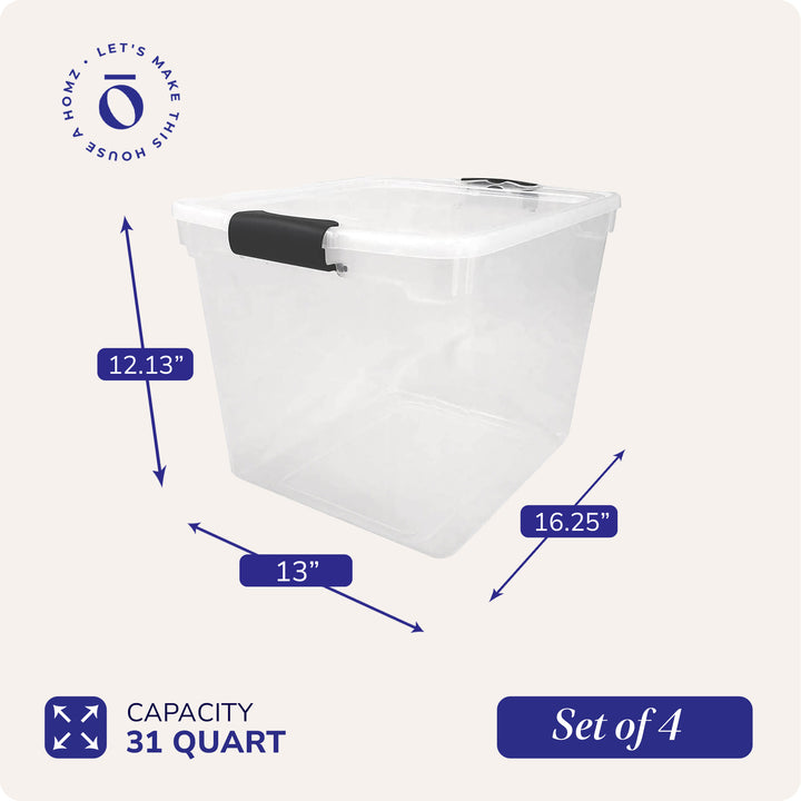 Homz Secure Latch Large 31QT Clear Stackable Storage Container Bin 4PC(Open Box)