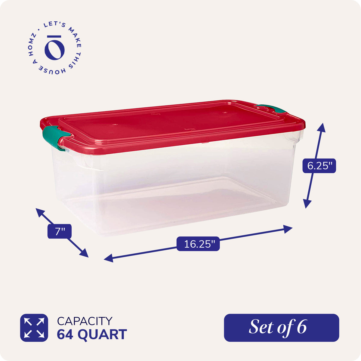 Homz 64 Qt Holiday Seasonal Decor Plastic Storage Bin with Latching Lid, 6 Pack - VMInnovations