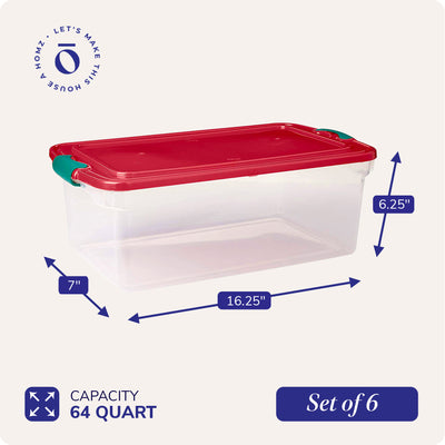 Homz 64 Qt Holiday Seasonal Decor Plastic Storage Bin with Latching Lid, 6 Pack - VMInnovations