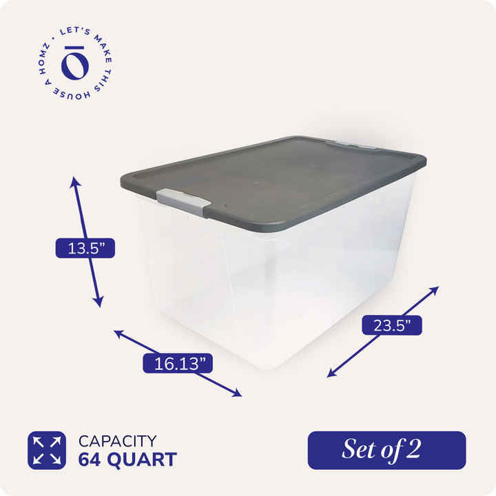 64 Qt Secure Latching Large Clear Plastic Storage Bin w/ Gray Lid (2 Pack)(Used)