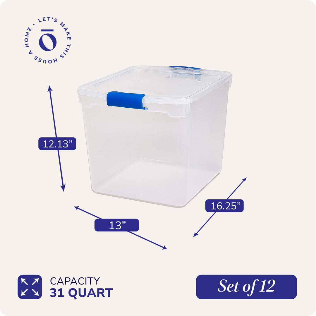 Homz 31 Quart Heavy Duty Clear Plastic Stackable Storage Containers, 12 Pack