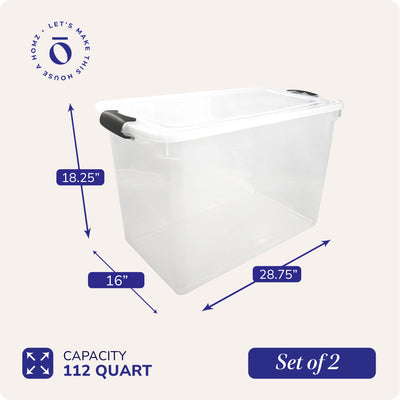 HOMZ 112 Quart Latching Plastic Storage Container, Extra Large, Clear (2 Pack)