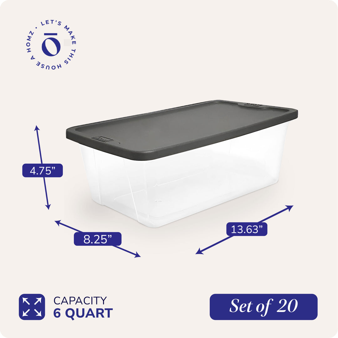 Homz Snaplock 6 Quart Clear Organizer Storage Container Bin with Lid (20 Pack)