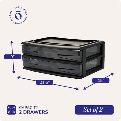 Homz Plastic 2 Drawer Wide Storage Cart, Black Frame with Smoke Drawer, 2 Pack