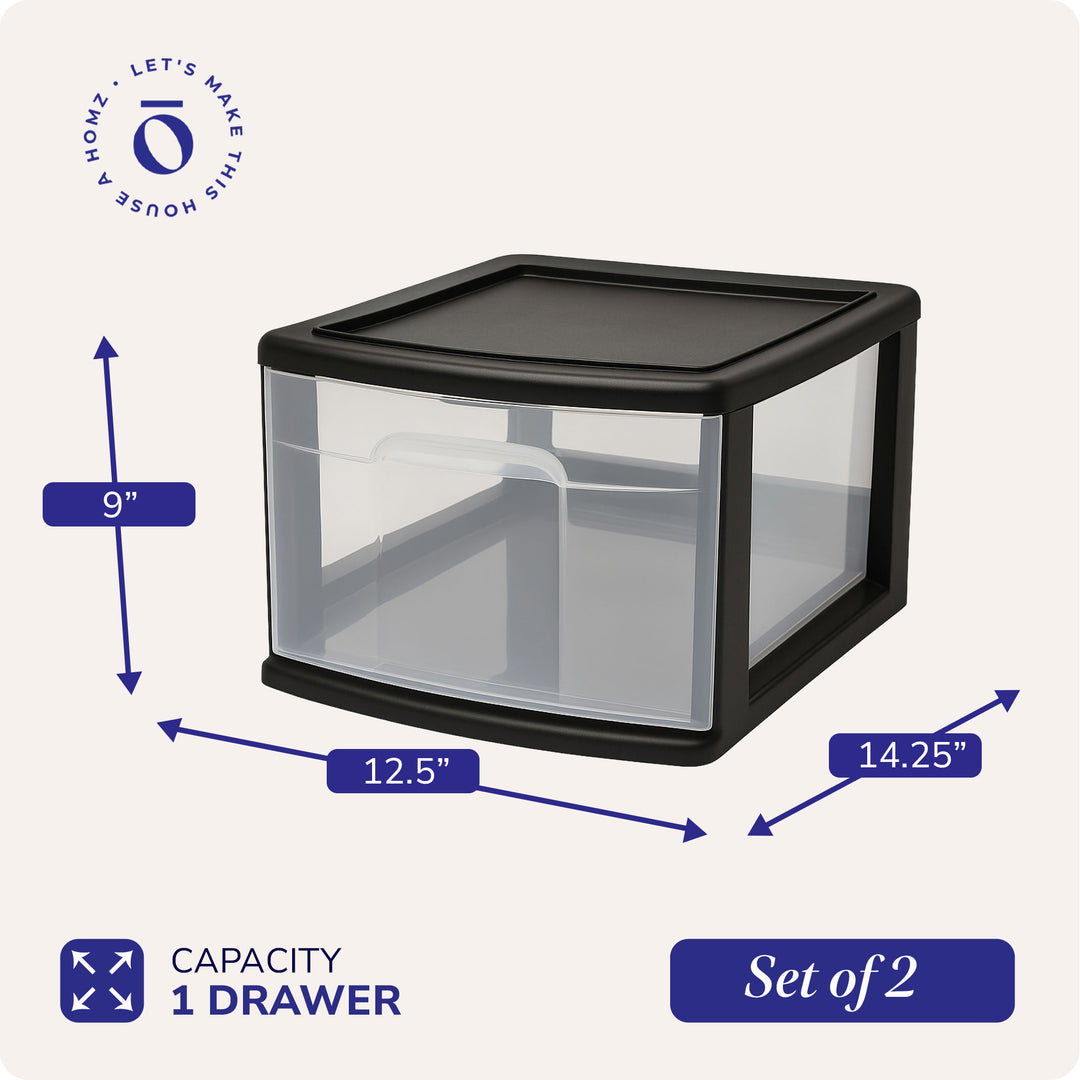 Homz Plastic 1 Drawer Medium Storage Cart, Black Frame with Clear Drawer, 2 Pack