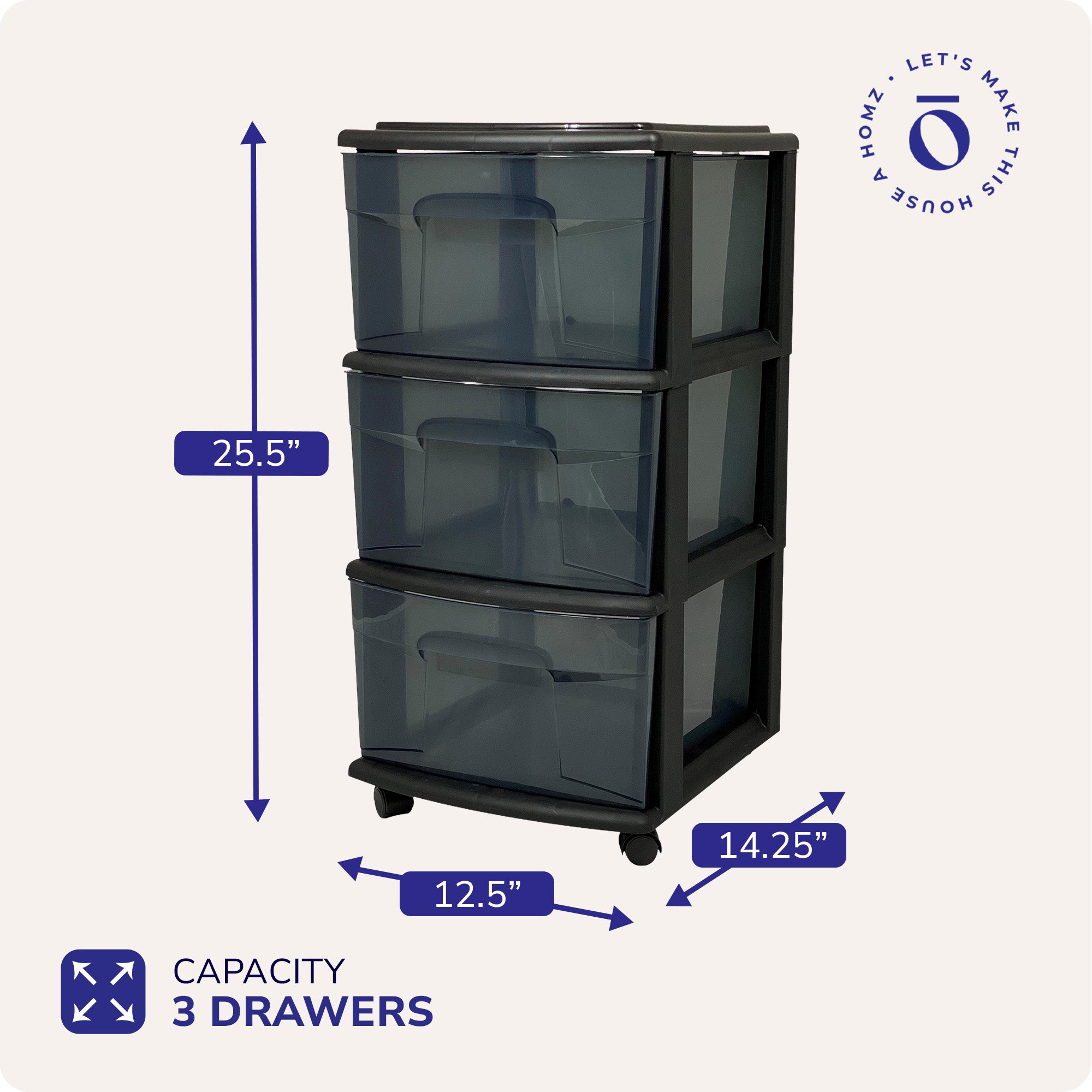 Homz 25" Black Tall Solid Plastic 3 Drawer Wheeled Home Storage Organizer Cart - VMInnovations