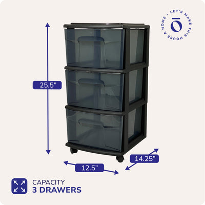 Homz 25" Black Tall Solid Plastic 3 Drawer Wheeled Home Storage Organizer Cart - VMInnovations