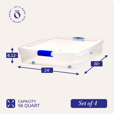 Homz 56 Quart Underbed Secure Latching Clear Plastic Storage Container, 4 Pack