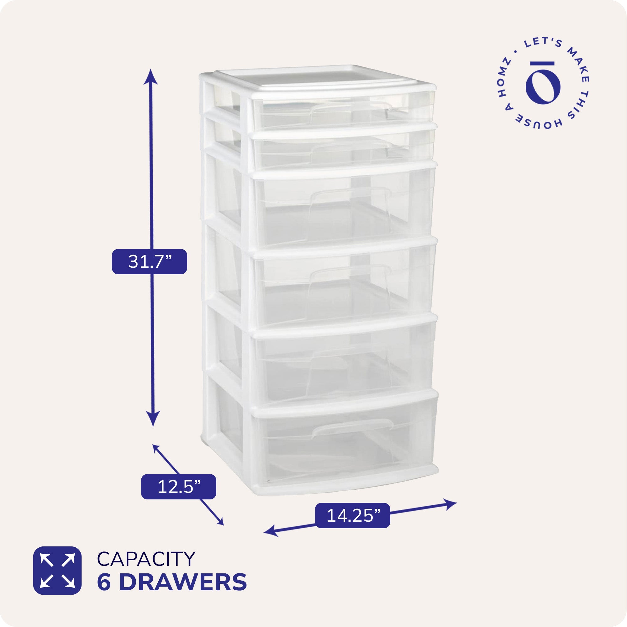 Homz Plastic 6 Clear Drawer Medium Home Storage Container Tower, White Frame - VMInnovations