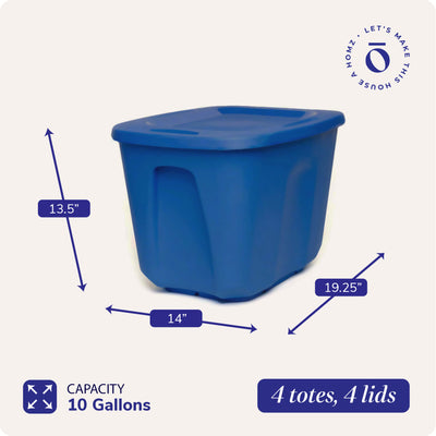 HOMZ 10 Gallon Heavy Duty Plastic Storage Container, Capri Blue (4 Pack) - VMInnovations