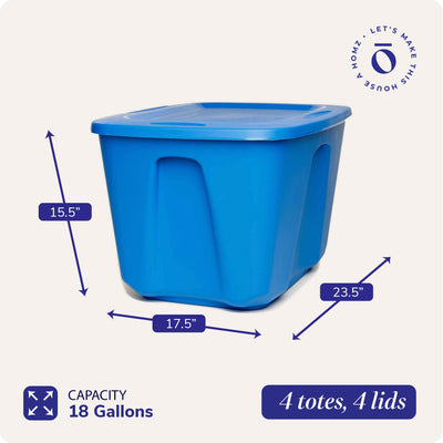 Homz 18 Gal Standard Storage Container with Secure Lid, Blue, 4 Pack (Open Box) - VMInnovations