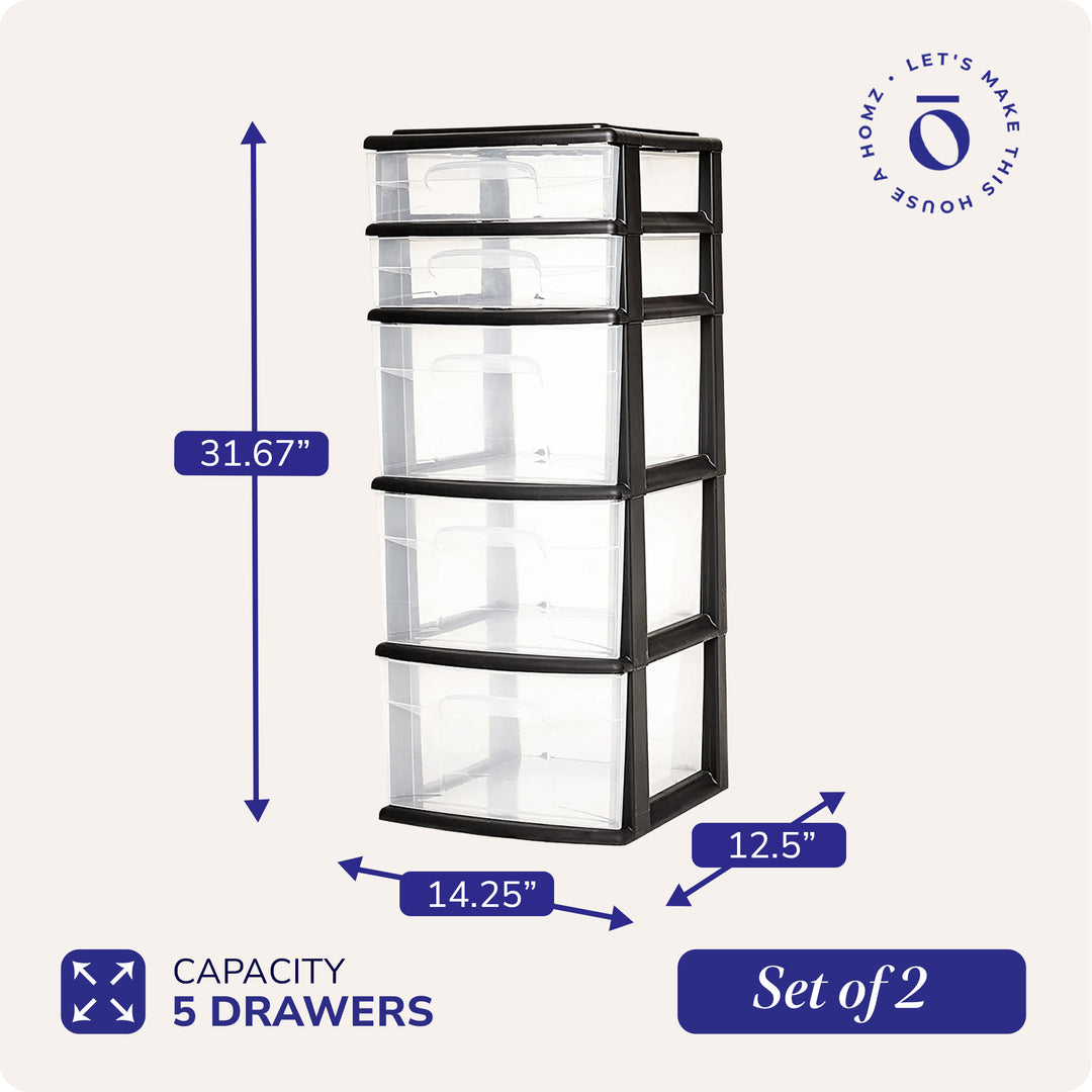 Homz Plastic 5 Drawer Storage Container Tower Closet Organizer, Black, 2 Pack