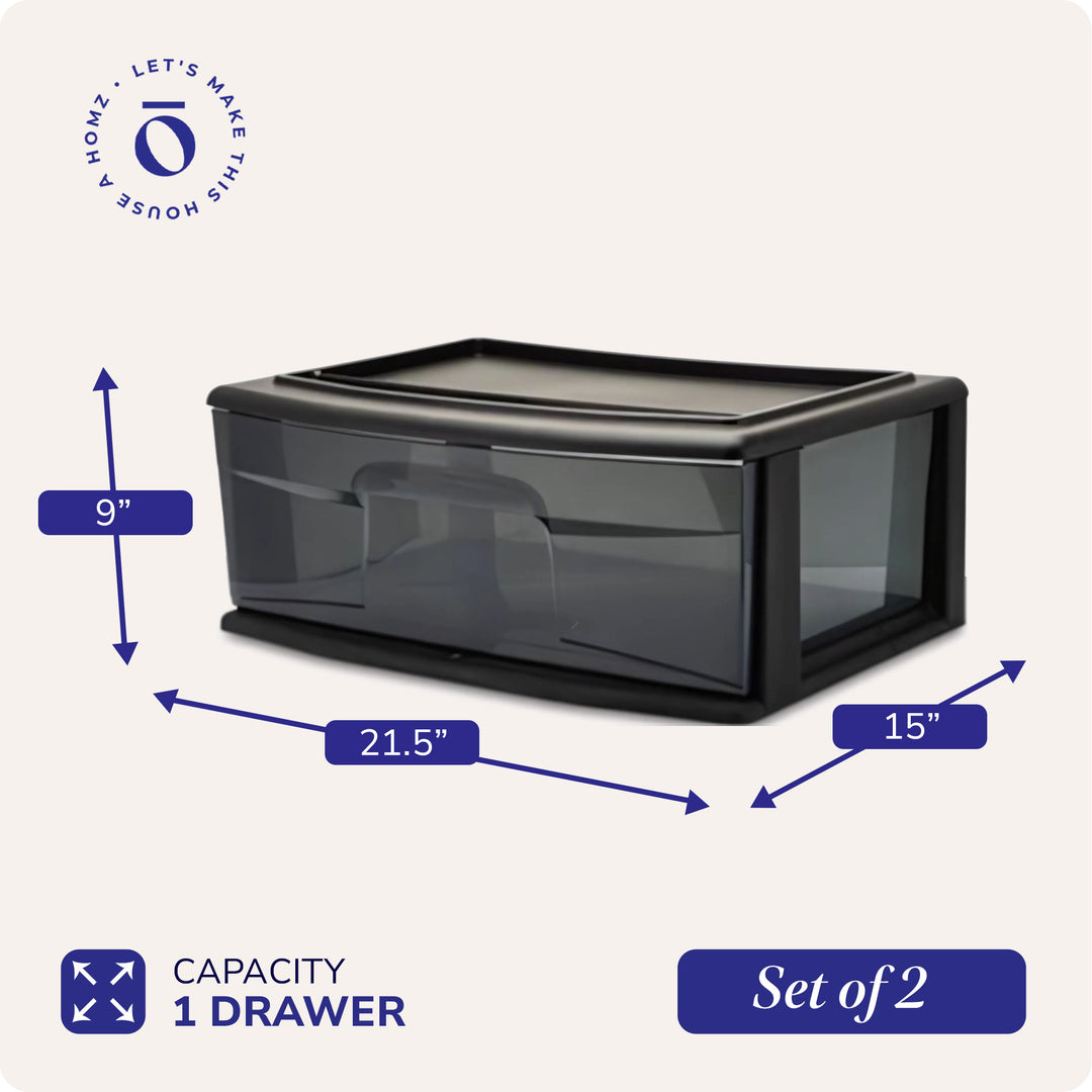 Homz Plastic 1 Drawer Wide Storage Cart, Black Frame with Smoke Drawer, 2 Pack